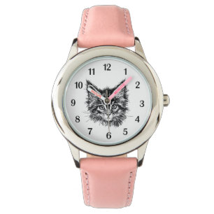 Zwart-wit kitten geconfronteerd met zwarte cijfers horloge