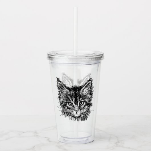 Zwart-wit kitten gezicht acryl drinkbeker (Voorkant)