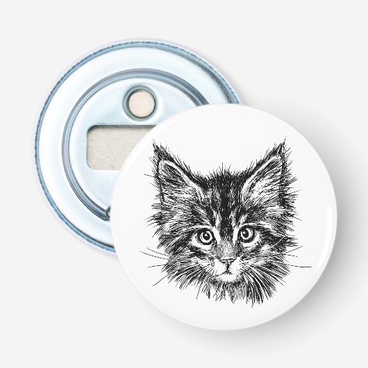 Zwart-wit kitten gezicht button flesopener (Voorkant)