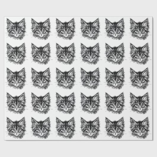 Zwart-wit kitten gezicht cadeaupapier (Vlak)