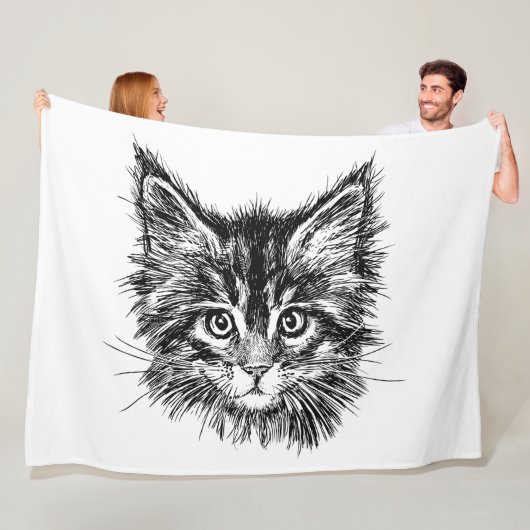 Zwart-wit kitten gezicht fleece deken (In situ)