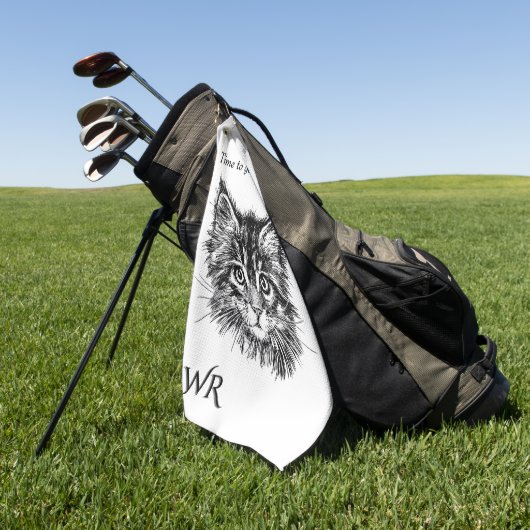 Zwart-wit kitten gezicht grappig een monogram golfhanddoek (Groen)