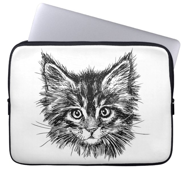 Zwart-wit kitten gezicht laptop sleeve (Voorkant)
