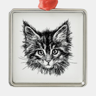 Zwart-wit kitten gezicht metalen ornament