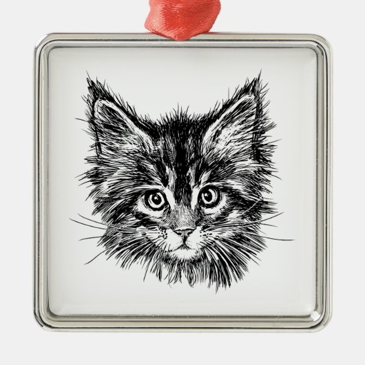 Zwart-wit kitten gezicht metalen ornament (Voorkant)