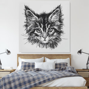 Zwart-wit kitten gezicht op grijs canvas afdruk