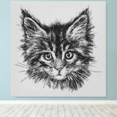 Zwart-wit kitten gezicht op grijs canvas afdruk (Insitu (Houten vloer))