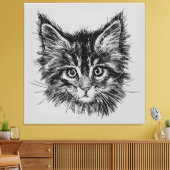Zwart-wit kitten gezicht op grijs canvas afdruk (Insitu (Woonkamer))