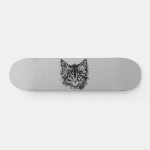 Zwart-wit kitten gezicht op grijs persoonlijk skateboard