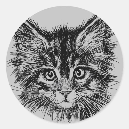 Zwart-wit kitten gezicht op grijs ronde sticker (Voorkant)