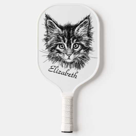 Zwart-wit kitten gezicht persoonlijk pickleball paddle (Achterkant)