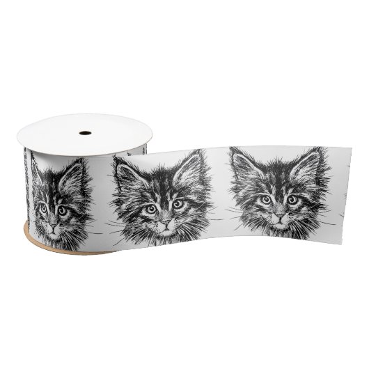 Zwart-wit kitten gezicht satijnen lint (Spoel)