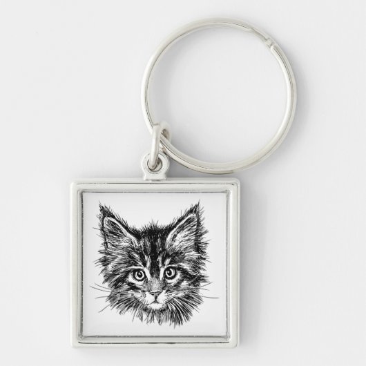 Zwart-wit kitten gezicht sleutelhanger (Voorkant)