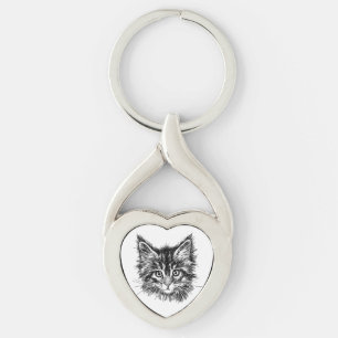 Zwart-wit kitten gezicht sleutelhanger