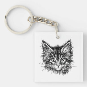 Zwart-wit kitten gezicht sleutelhanger