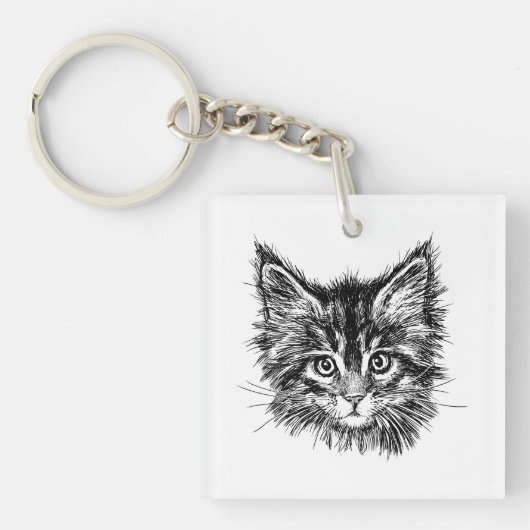 Zwart-wit kitten gezicht sleutelhanger (Voorkant)