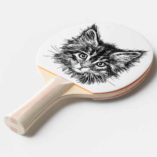 Zwart-wit kitten gezicht tafeltennisbatje (Voorkant Gekanteld)