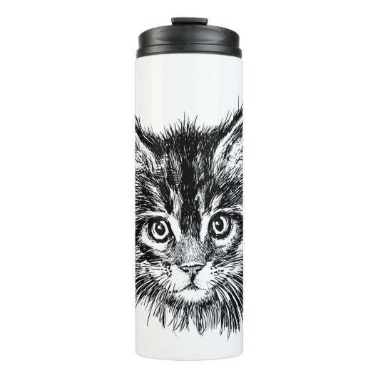 Zwart-wit kitten gezicht thermosbeker (Voorkant)
