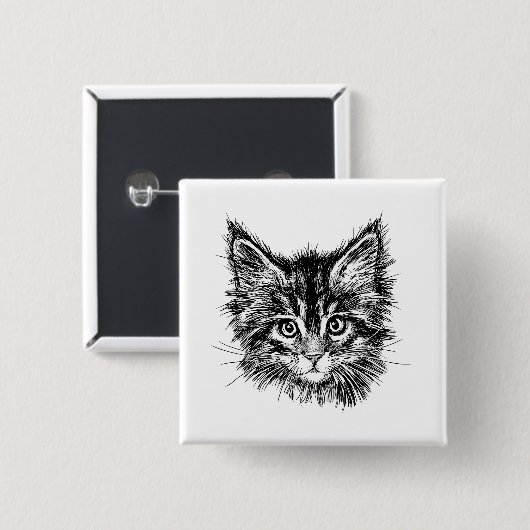 Zwart-wit kitten gezicht vierkante button 5,1 cm (Voorkant /achterkant)
