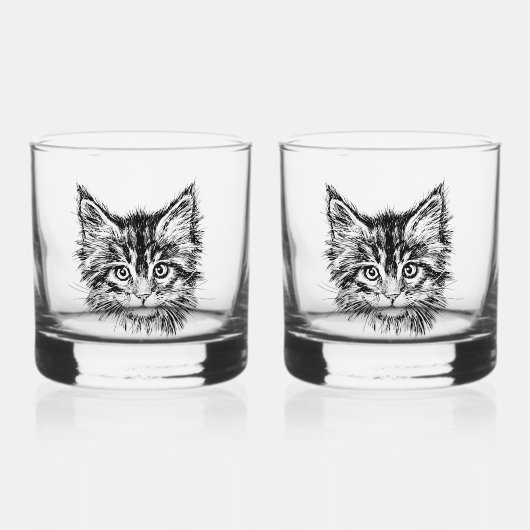 Zwart-wit kitten gezicht whisky glas (Voorkant)