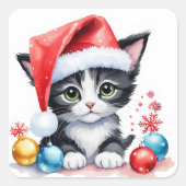 Zwart wit kitten in Santa Hat Vrolijk Kerstfeest Vierkante Sticker (Voorkant)