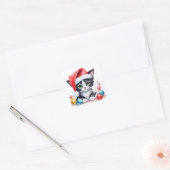 Zwart wit kitten in Santa Hat Vrolijk Kerstfeest Vierkante Sticker (Envelop)