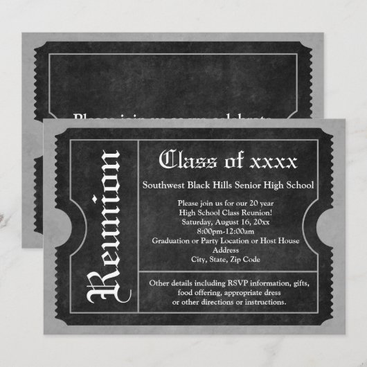 Zwart-wit Klasse Reunion Ticket Uitnodigingen (Voorkant / Achterkant)