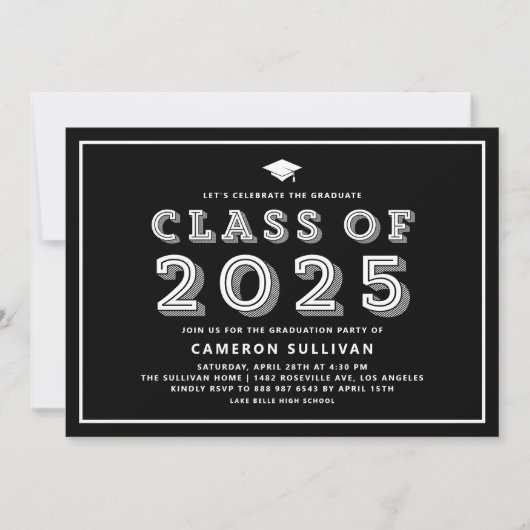 Zwart-wit klasse van 2025 Pet Retro Afstuderen Kaart (Voorkant)