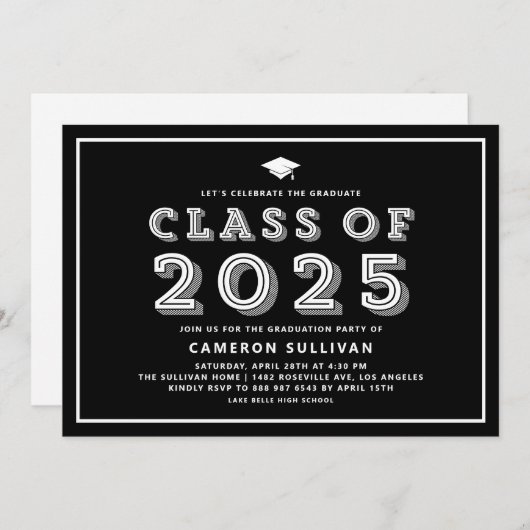 Zwart-wit klasse van 2025 Pet Retro Afstuderen Kaart (Voorkant / Achterkant)