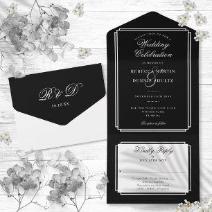 Zwart-Wit Klassiek Deco Monogram Huwelijk All In One Uitnodiging