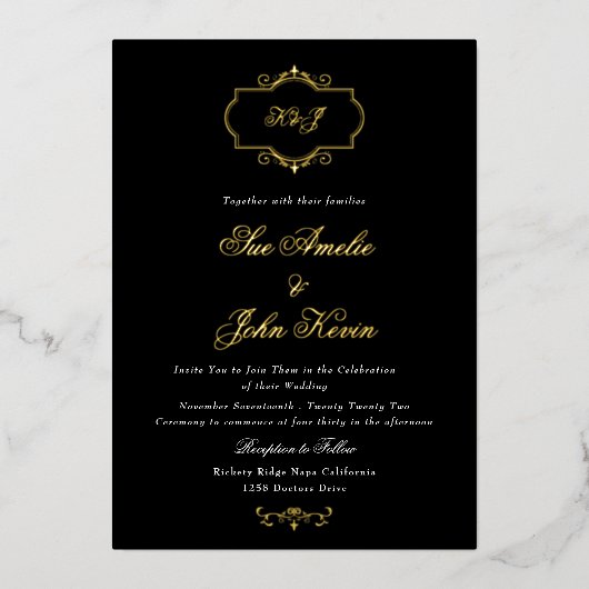 zwart wit klassiek echt goud monogram bruiloft folie uitnodiging (Voorkant)