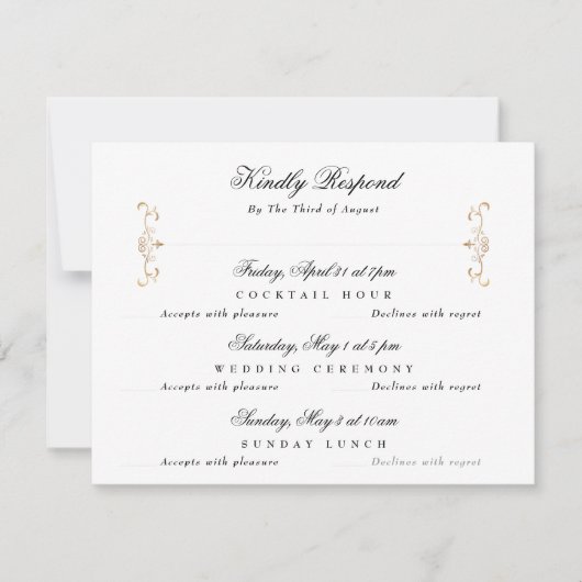Zwart Wit Klassiek Goud Crest Bruiloft Multi-Event RSVP Kaartje (Voorkant)