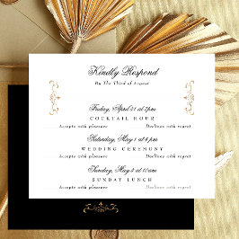 Zwart Wit Klassiek Goud Crest Bruiloft Multi-Event RSVP Kaartje