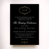 Zwart Wit Klassiek Goud Crest Monogram Bruiloft Folie Uitnodiging