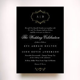 Zwart Wit Klassiek Goud Crest Monogram Bruiloft Folie Uitnodiging