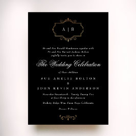 Zwart Wit Klassiek Goud Crest Monogram Bruiloft Kaart