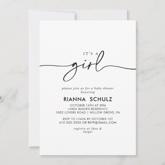 Zwart wit klassiek Het is een meisje Baby shower Kaart (Voorkant)