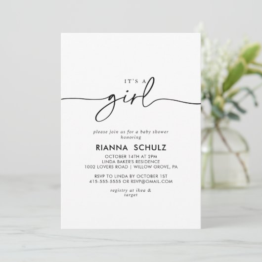 Zwart wit klassiek Het is een meisje Baby shower Kaart (Staand voorkant)