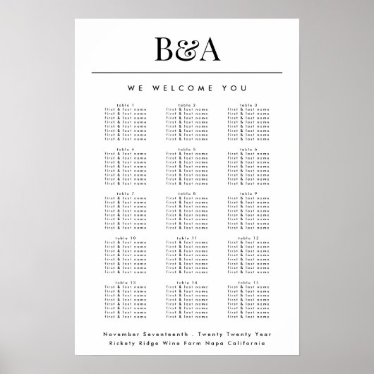 Zwart Wit Klassiek Monogram Bruiloft Zitkaarten Poster (Voorkant)