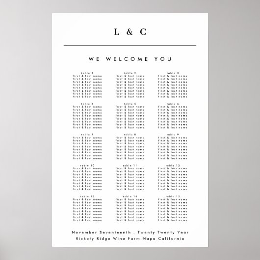 Zwart Wit Klassiek Monogram Bruiloft Zitkaarten Poster (Voorkant)