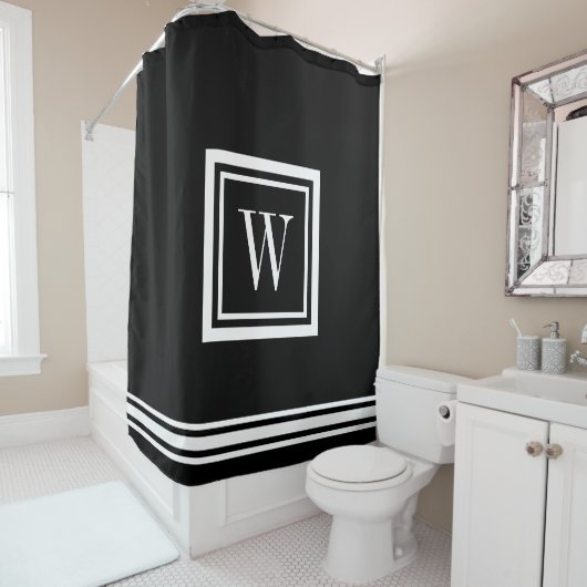 Zwart-wit Klassiek Vierkant Monogram Douchegordijn (In situ)
