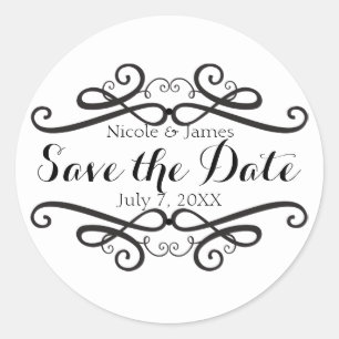 Zwart & Wit Klassiek Vintage Save the Date Ronde Sticker