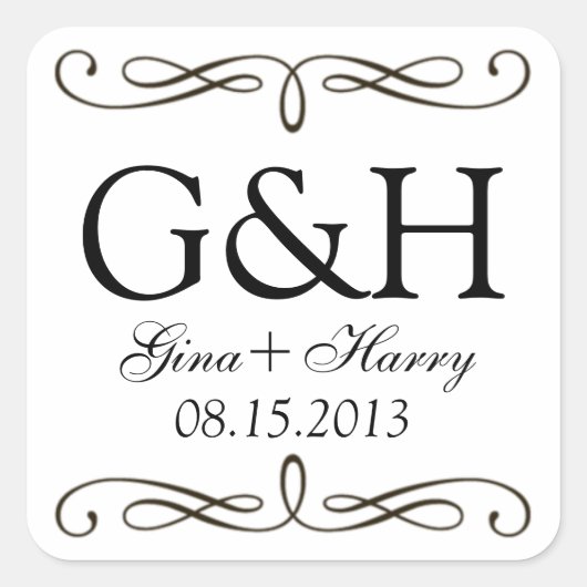 Zwart wit klassiek werveling 2 monogram gunstelrin vierkante sticker (Voorkant)