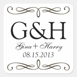 Zwart wit klassiek werveling 2 monogram gunstelrin vierkante sticker