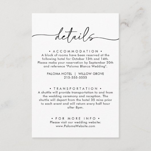 Zwart Wit Klassieke Bruiloft Details Informatiekaartje (Voorkant)