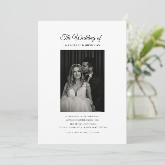 Zwart-wit klassieke elegante foto bruiloft kaart (Staand voorkant)