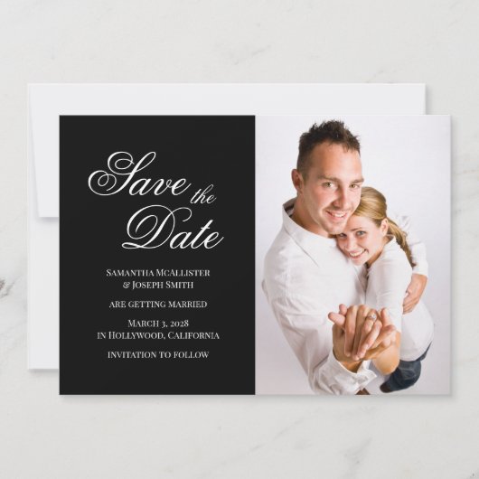 Zwart-wit klassieke fancy kalligrafie foto save the date (Voorkant)