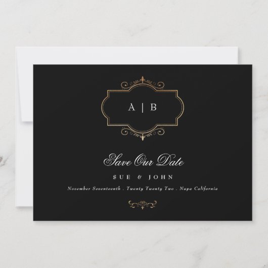 Zwart Wit Klassieke Foto Gouden Monogram Bruiloft Save The Date (Voorkant)