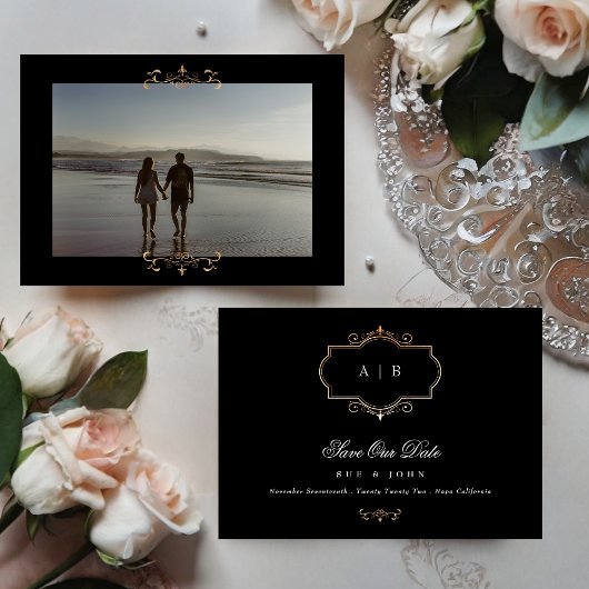 Zwart Wit Klassieke Foto Gouden Monogram Bruiloft Save The Date