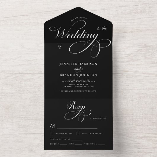 Zwart-wit klassieke kalligrafie all in one uitnodiging (Binnen)